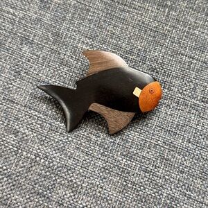 Wooden Hand Carved Tri Color Fish Brooch Pin Vintage One of a Kind
